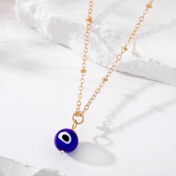 Simple Gold Tone Evil Eye Glass Pendant Necklace - Picture 1 of 8